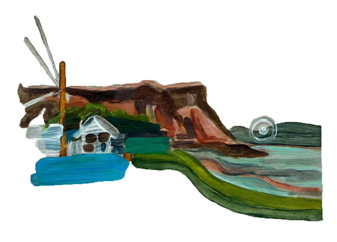 Watercolour of the Canning shoreline with red cliffs and a small white house