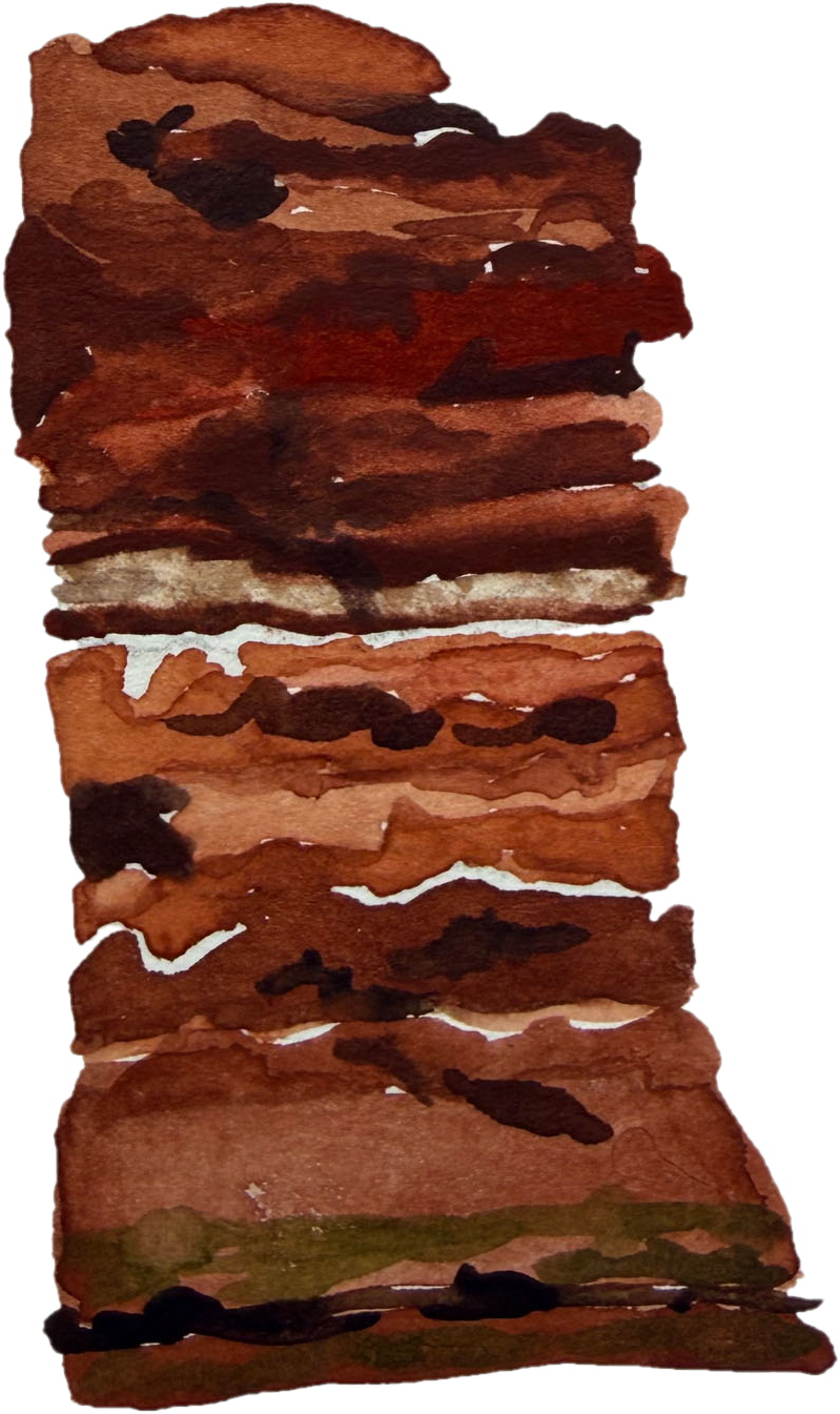 Watercolour of layered red cliffs